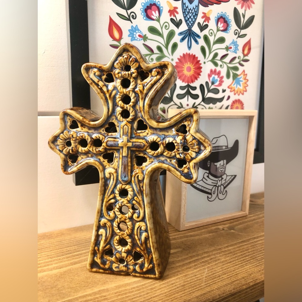 Ceramic Glazed Cross Votive Candle Holder - Picture 2 of 11
